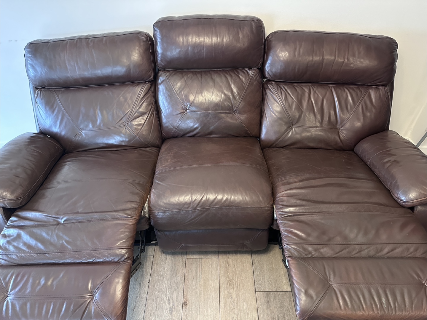 3-Seater Brown Leather Manual Recliner Sofa - photo 4