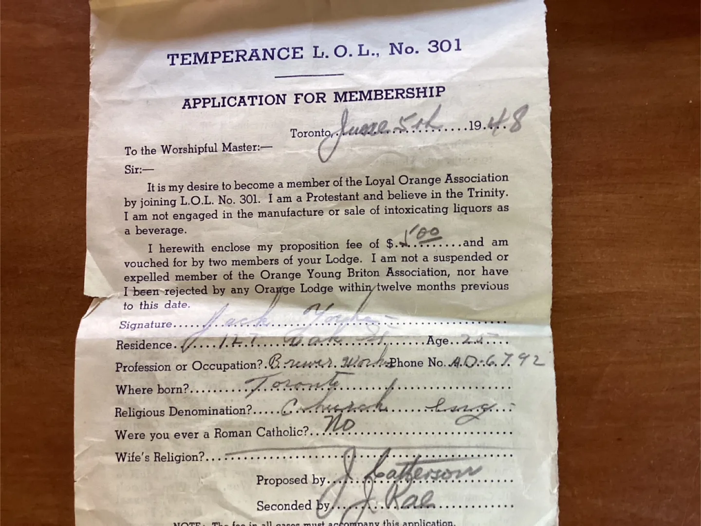 Rare 1948 LOYAL ORANGE ASSOC. Membership App. Toronto Branch image indicator(2)