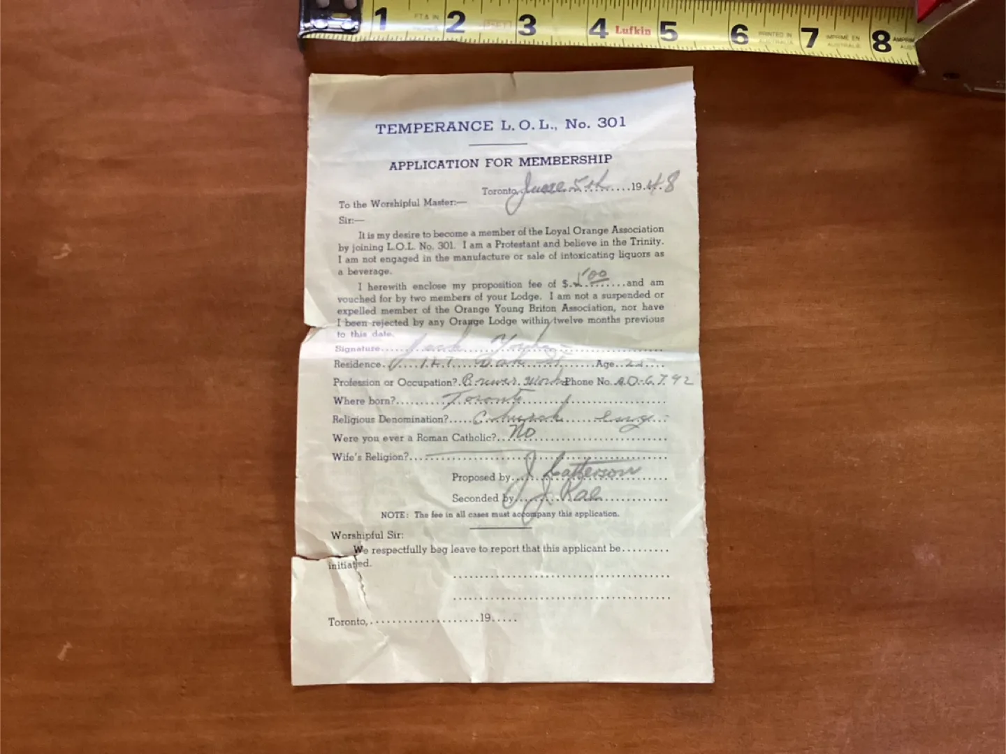 Rare 1948 LOYAL ORANGE ASSOC. Membership App. Toronto Branch thumbnail