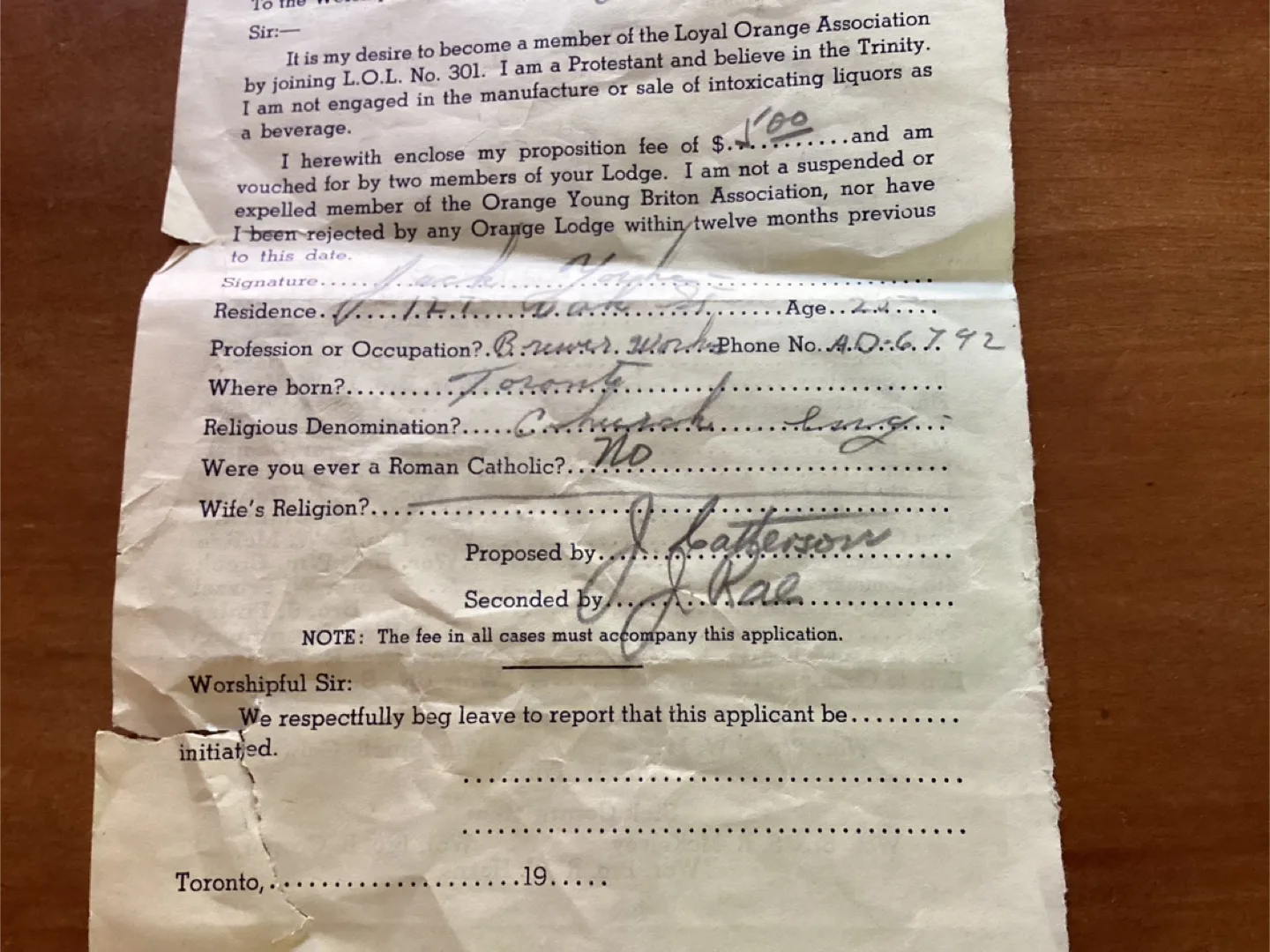 Rare 1948 LOYAL ORANGE ASSOC. Membership App. Toronto Branch image indicator(3)