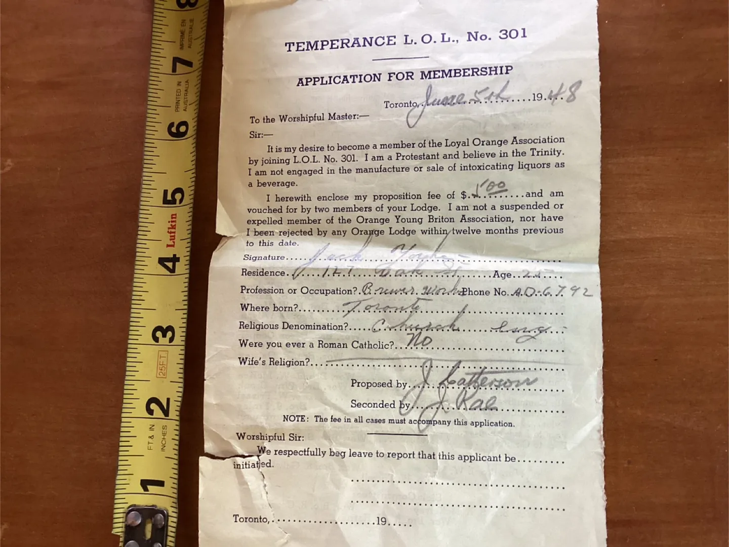 Rare 1948 LOYAL ORANGE ASSOC. Membership App. Toronto Branch image indicator(6)