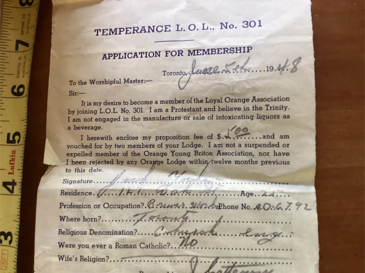 Rare 1948 LOYAL ORANGE ASSOC. Membership App. Toronto Branch image indicator(7)
