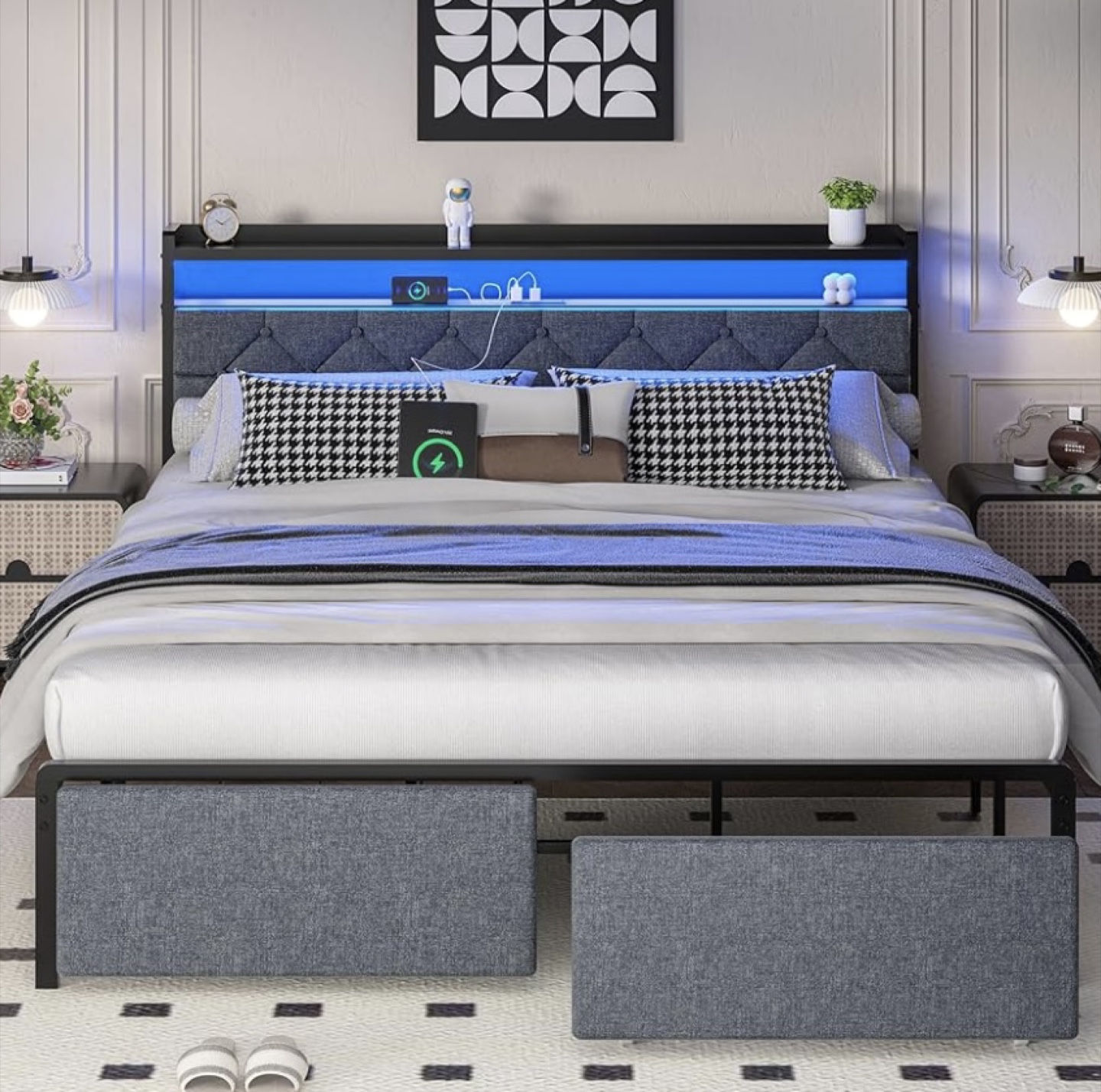 Full-Sized LED Bed Frame (Grey) - Mattress Available