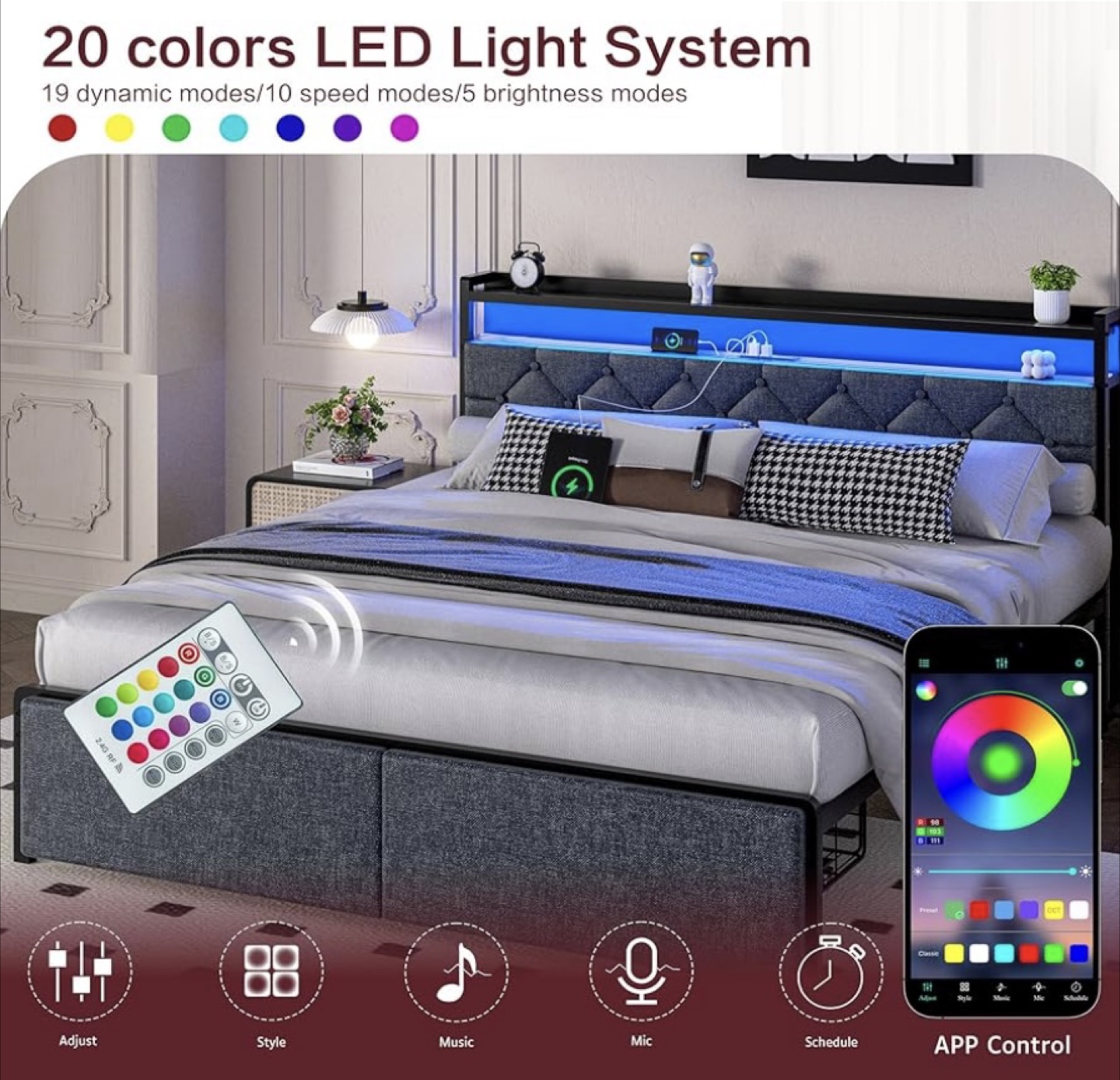 Full-Sized LED Bed Frame (Grey) - Mattress Available - photo 2