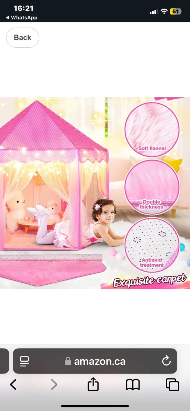 Pink Princess Castle Play Tent with Lights & Carpet image indicator(4)