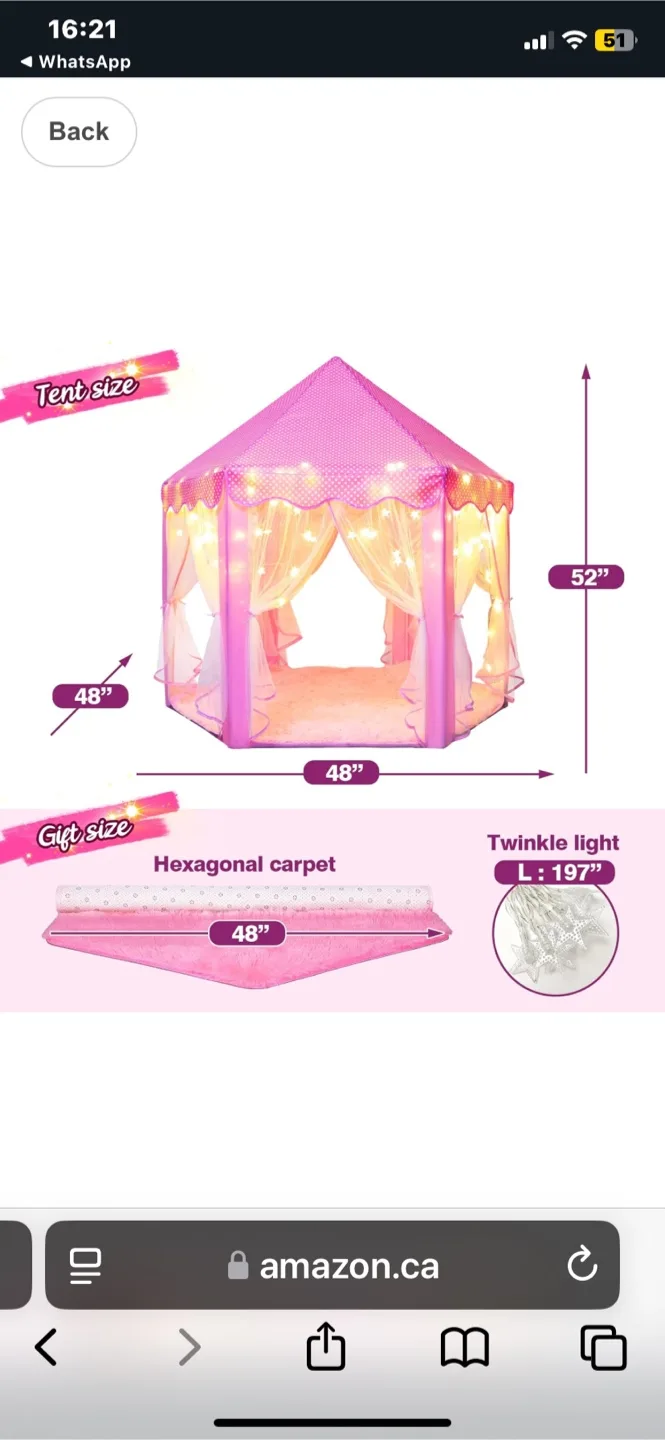 Pink Princess Castle Play Tent with Lights & Carpet image indicator(5)