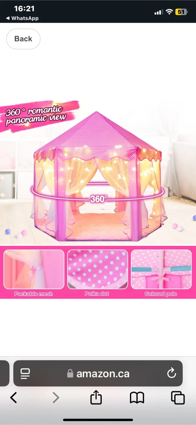 Pink Princess Castle Play Tent with Lights & Carpet image indicator(7)
