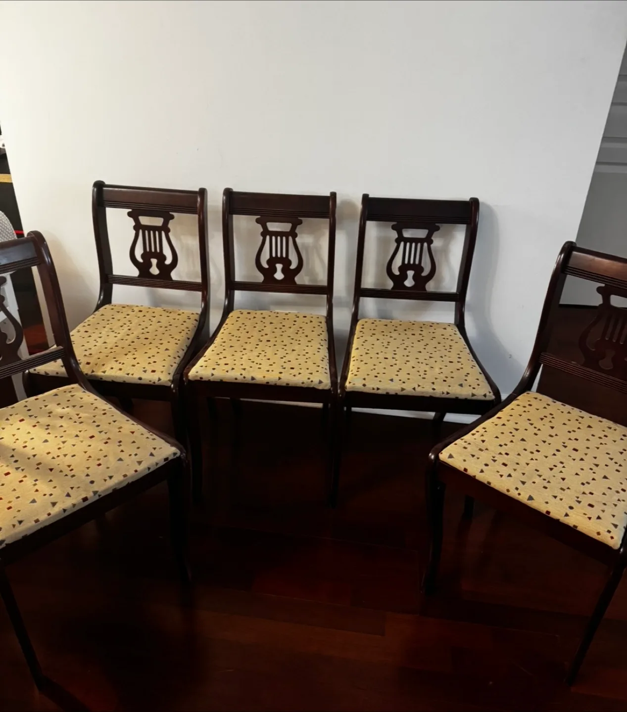 Set of 5 Vintage Mahogany Lyre Back Dining Chairs thumbnail