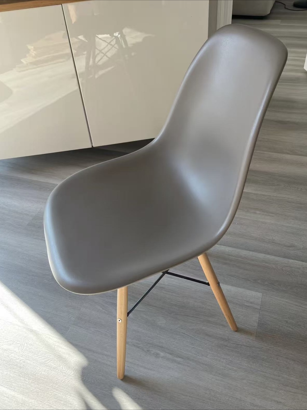 Grey Molded Plastic Chair with Wood Legs