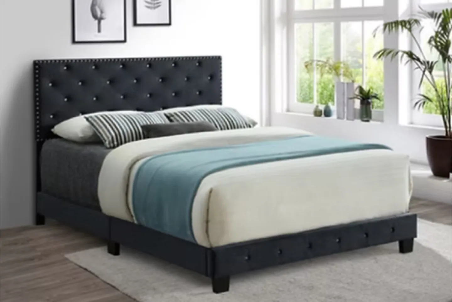 Queen size Black velvet Upholstered Platform Bed Frame - Velvet thumbnail