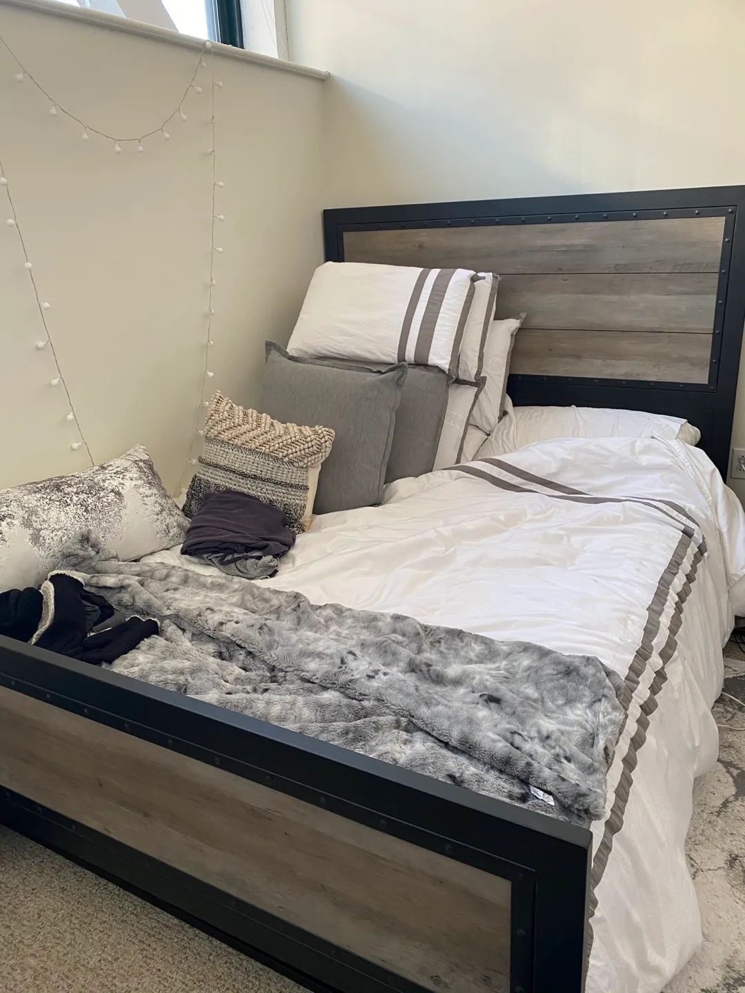 Bedroom set with bed frame, pillows and blanket thumbnail