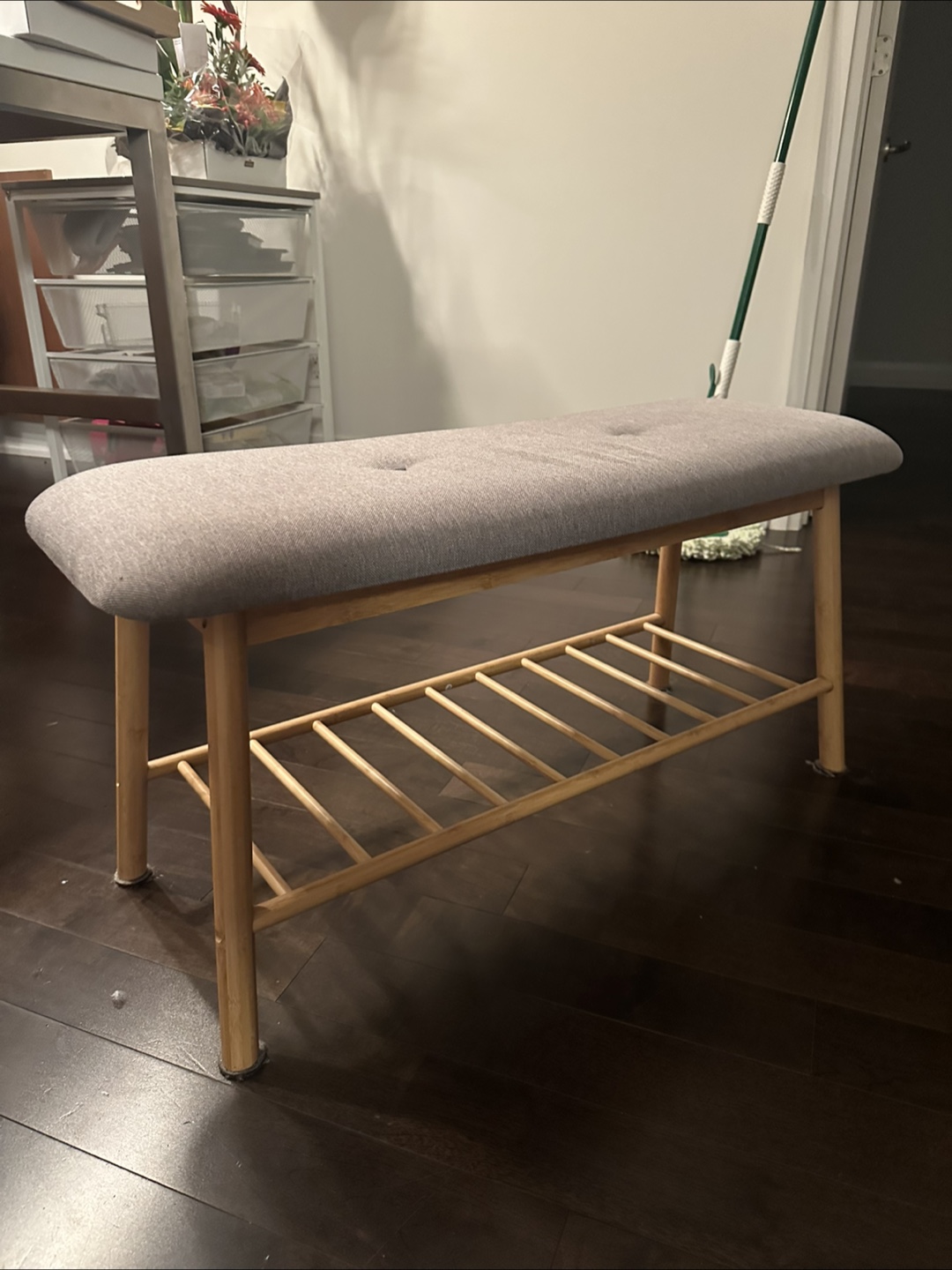 Grey Upholstered Bench with Shoe Rack