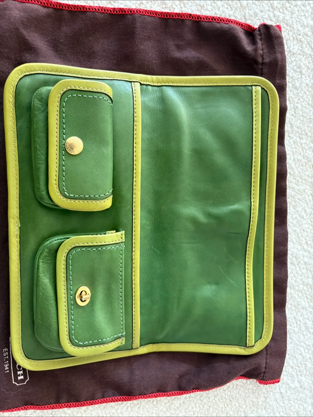 ⭐️ Coach ⭐️ Emerald Green with Lime Green Piping Clutch/Wallet image indicator(6)