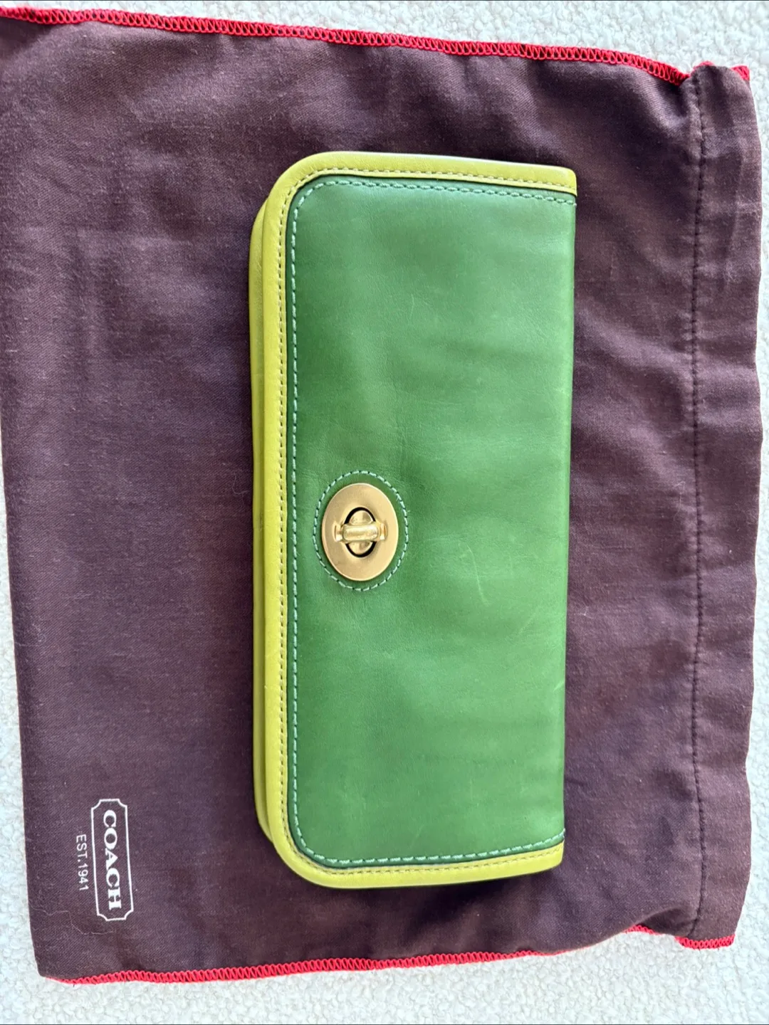 ⭐️ Coach ⭐️ Emerald Green with Lime Green Piping Clutch/Wallet thumbnail