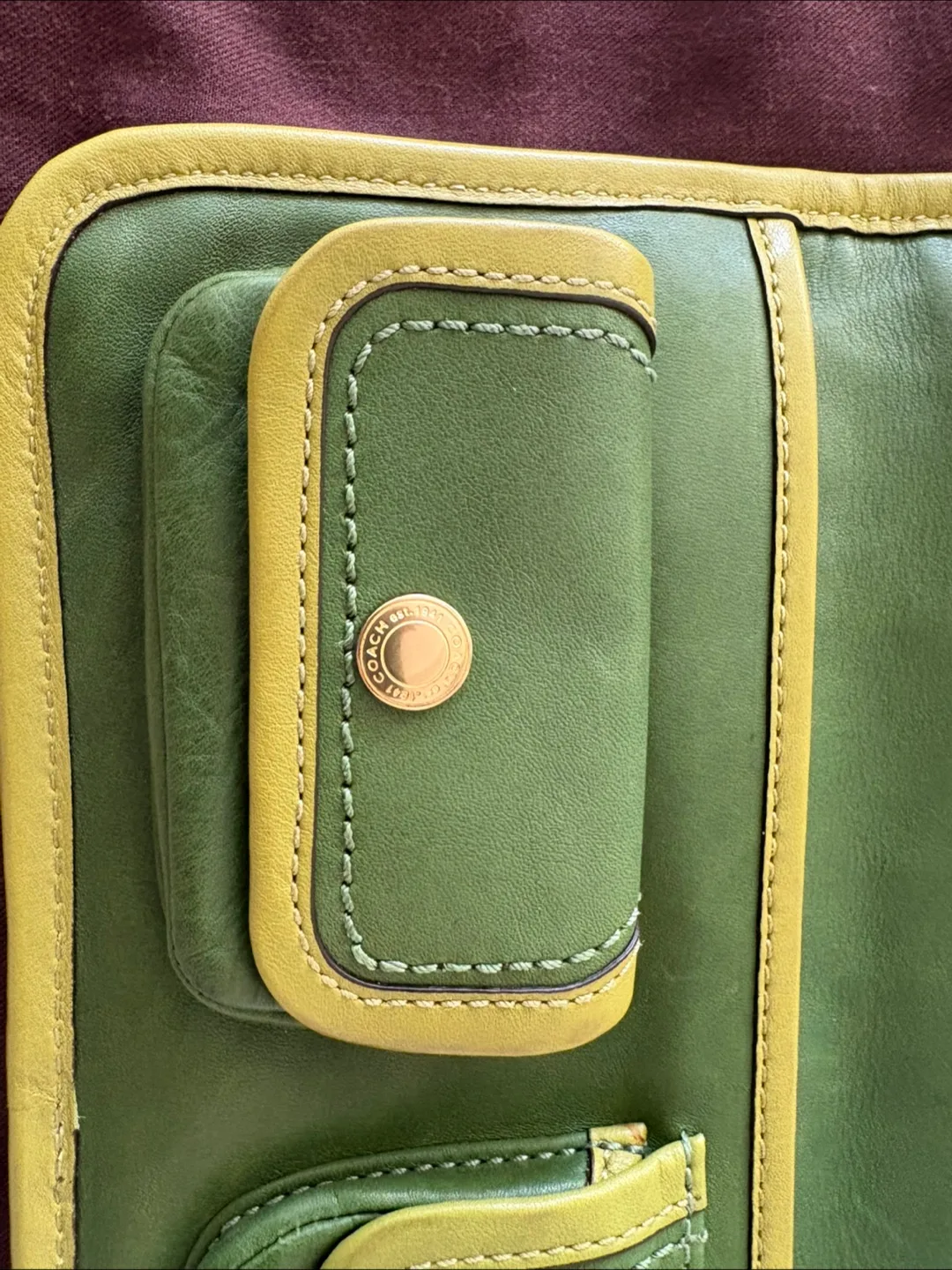 ⭐️ Coach ⭐️ Emerald Green with Lime Green Piping Clutch/Wallet image indicator(7)