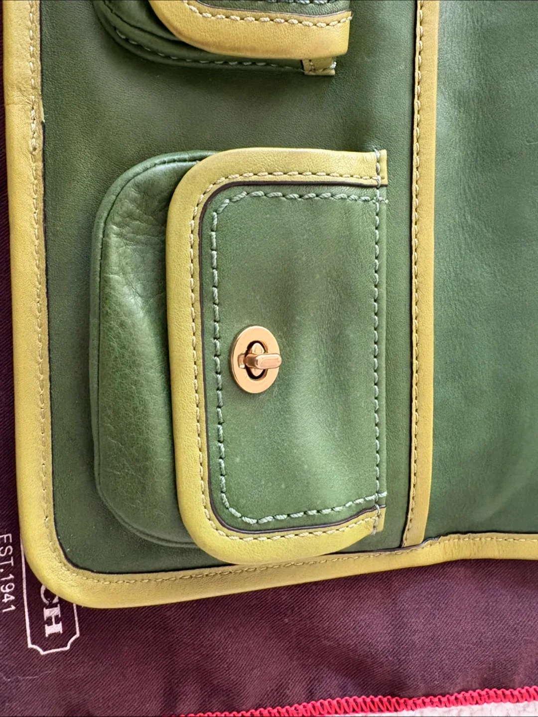 ⭐️ Coach ⭐️ Emerald Green with Lime Green Piping Clutch/Wallet image indicator(8)