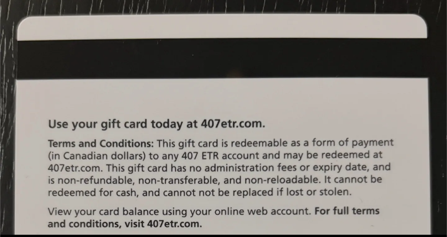 407 ETR gift cards ~ $200 Gift Cards Selling for $180 image indicator(2)