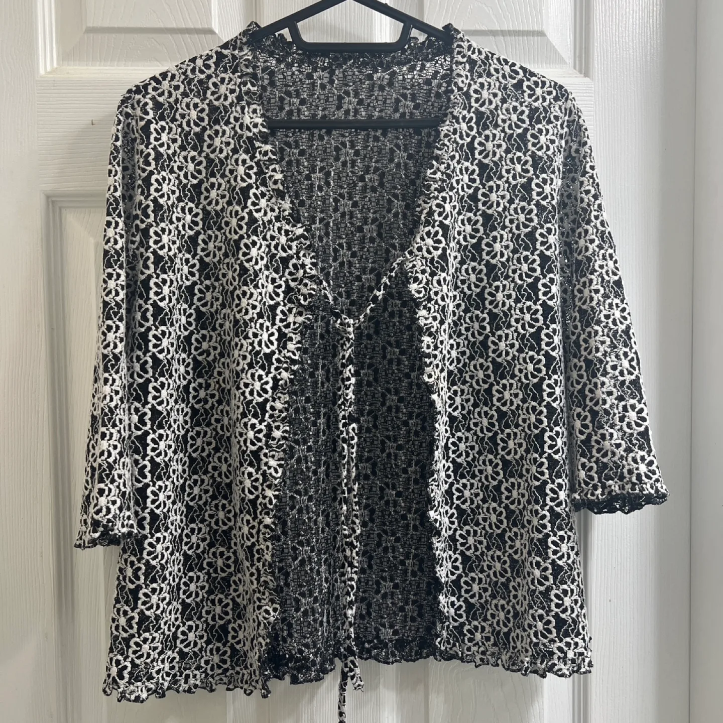 Black White Lace Floral Flower Pattern Crochet Knitted Cardigan thumbnail