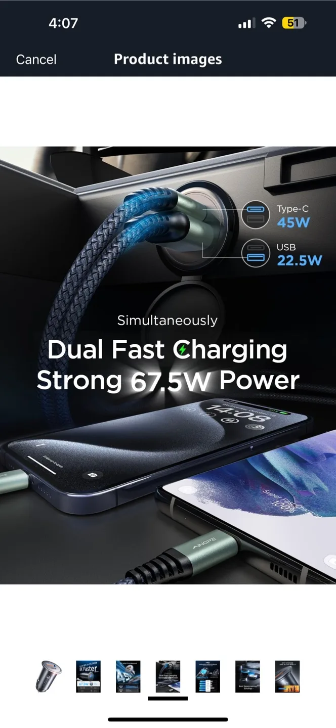 USB-C/USB-A double car charger, fast charge image indicator(8)