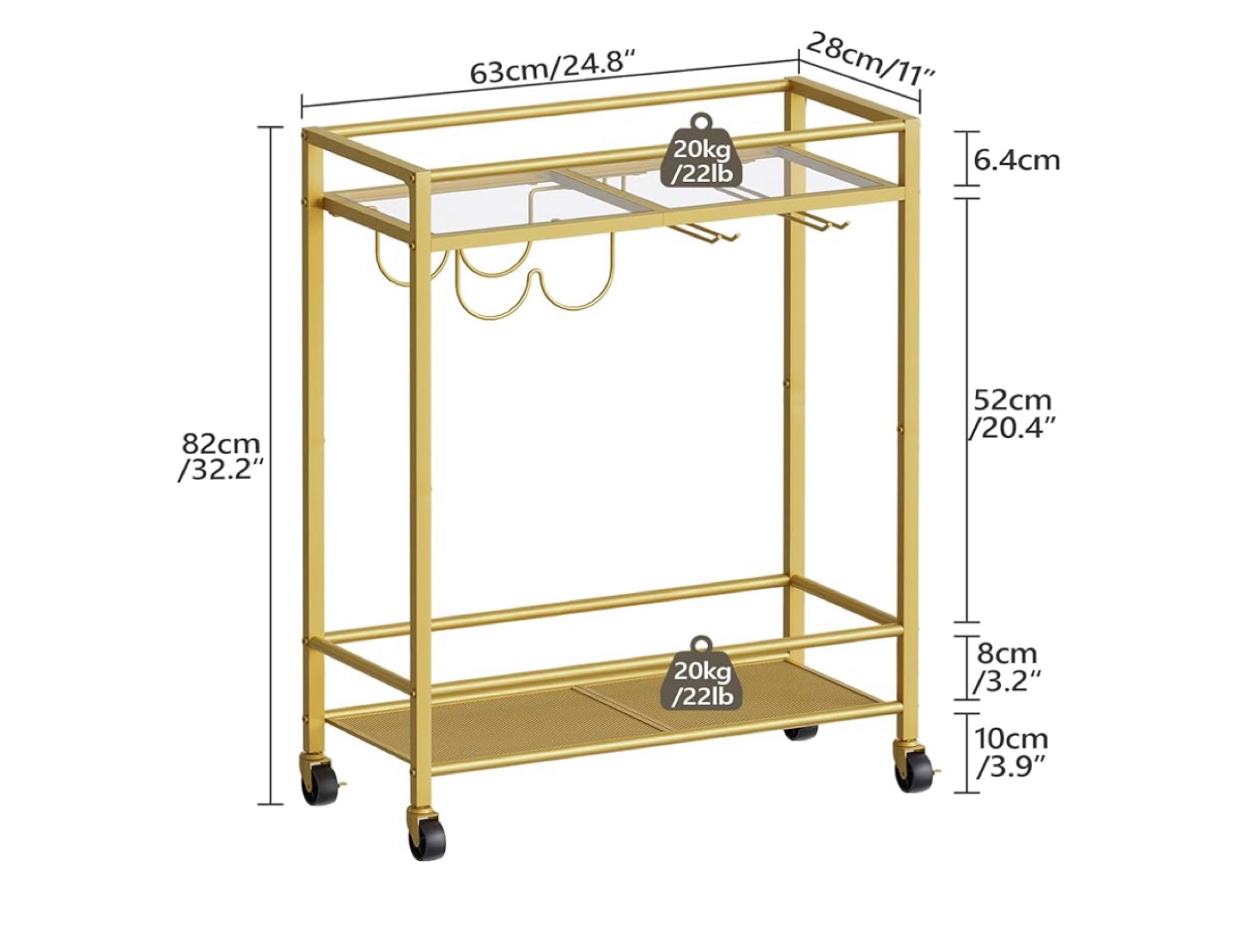 Gold Bar Cart with Glass Shelves - photo 3