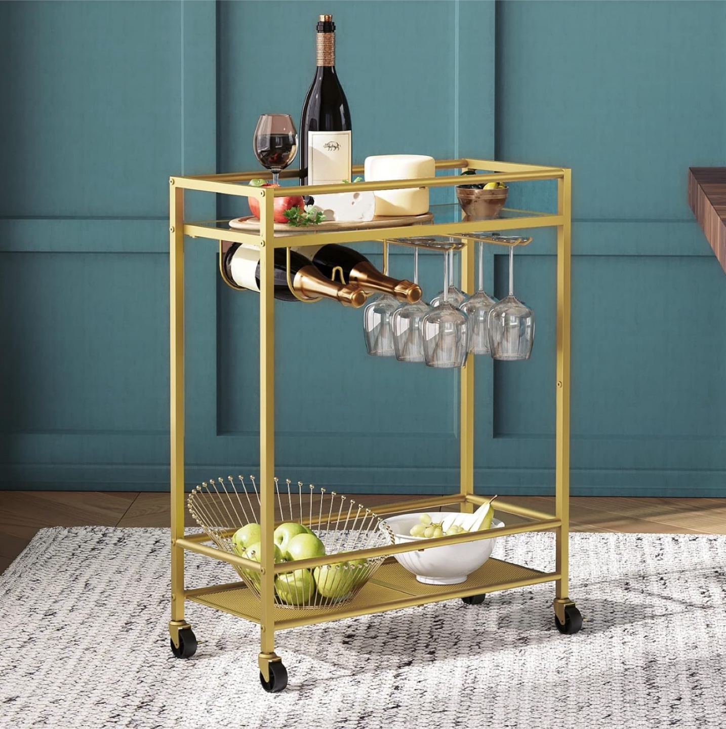 Gold Bar Cart with Glass Shelves
