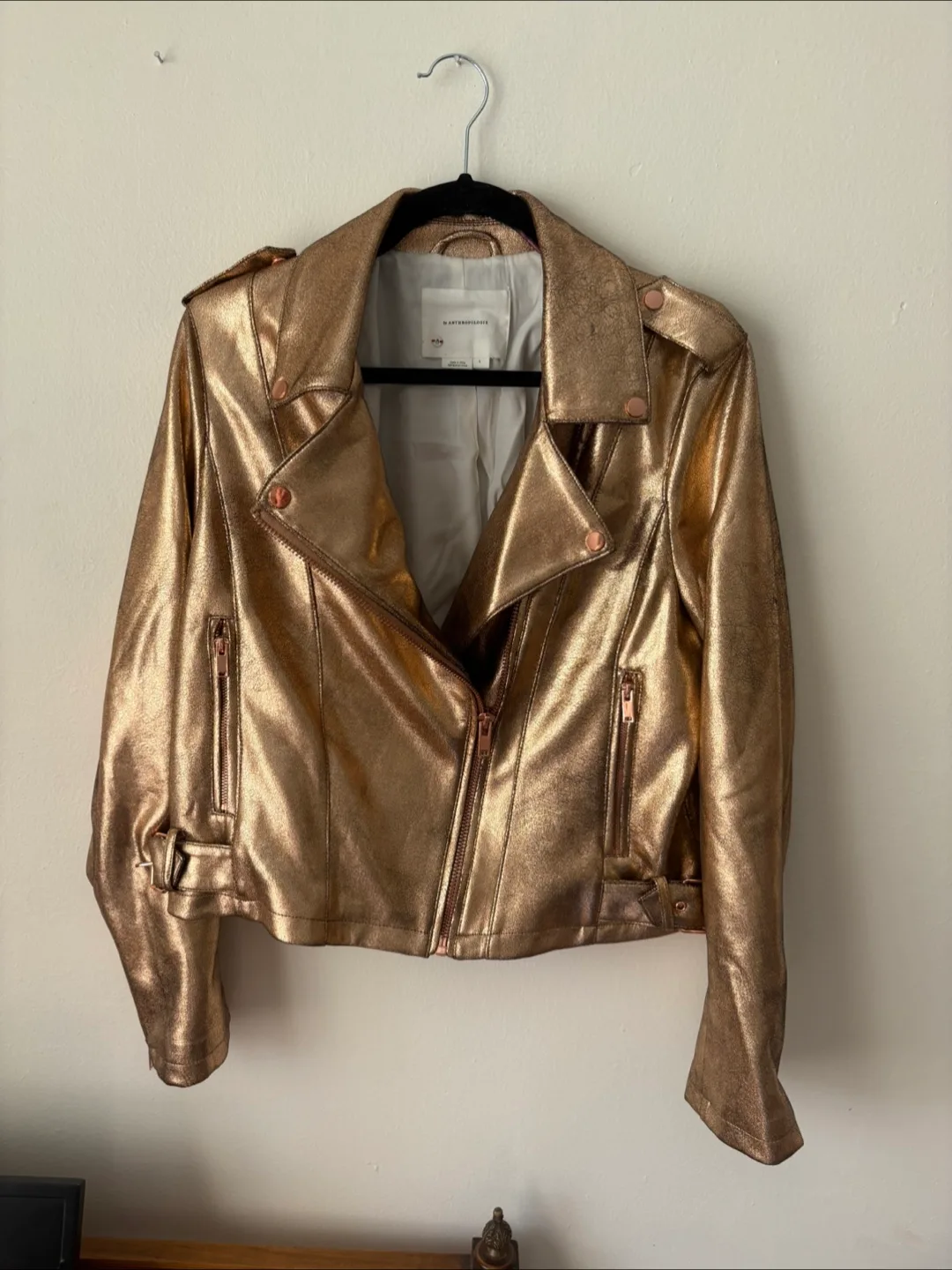 Anthropologie Faux Leather Moto Jacket - Gold, Size L thumbnail