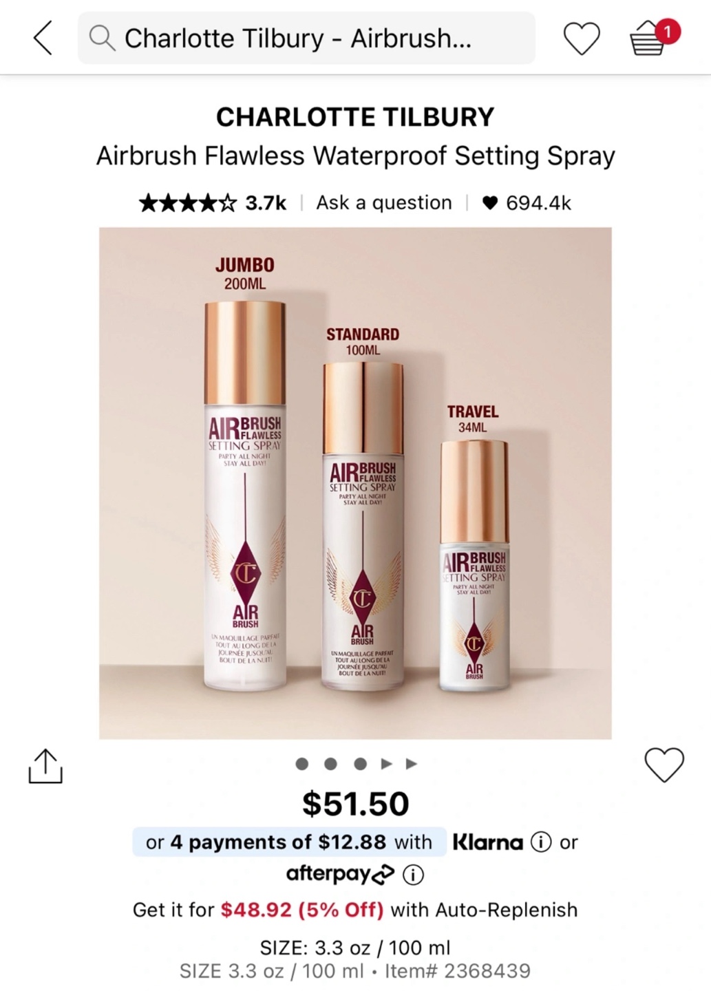 Charlotte Tilbury Airbrush Flawless Setting Spray 3.3oz - photo 2