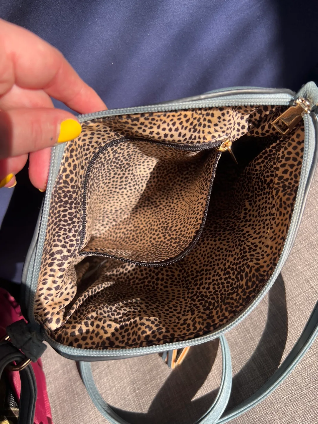 Light Blue Crossbody Bag with Leopard Print Interior image indicator(4)