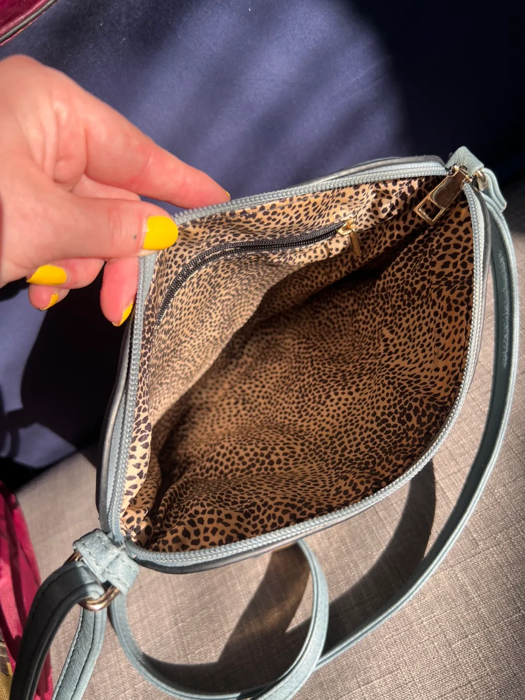 Light Blue Crossbody Bag with Leopard Print Interior image indicator(3)