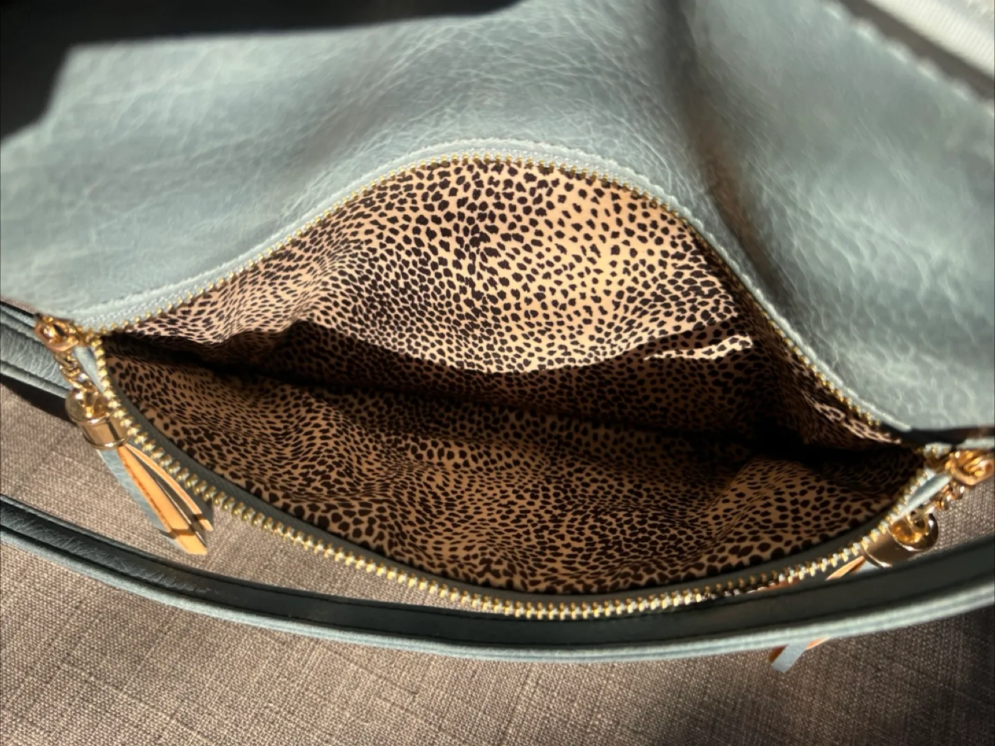 Light Blue Crossbody Bag with Leopard Print Interior image indicator(5)