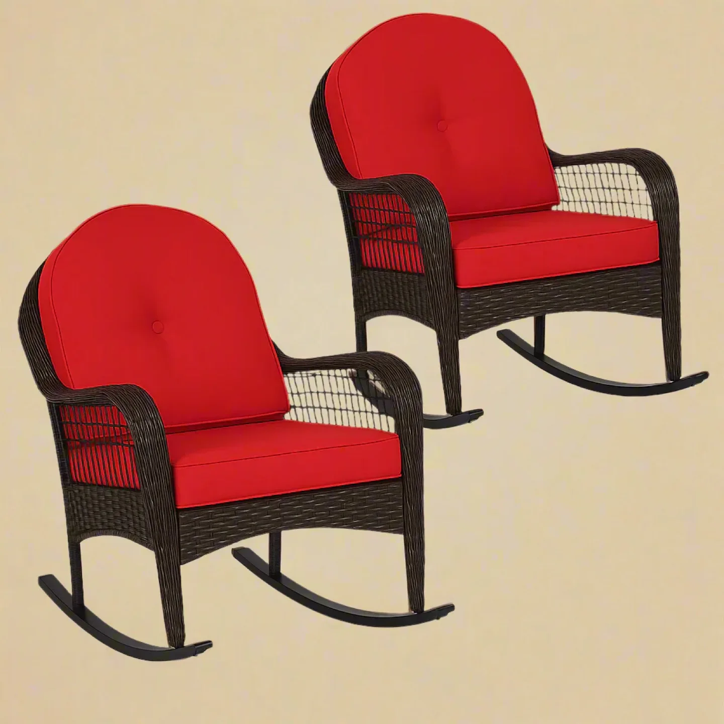 Wicker Rocking Chair with Red Cushions thumbnail