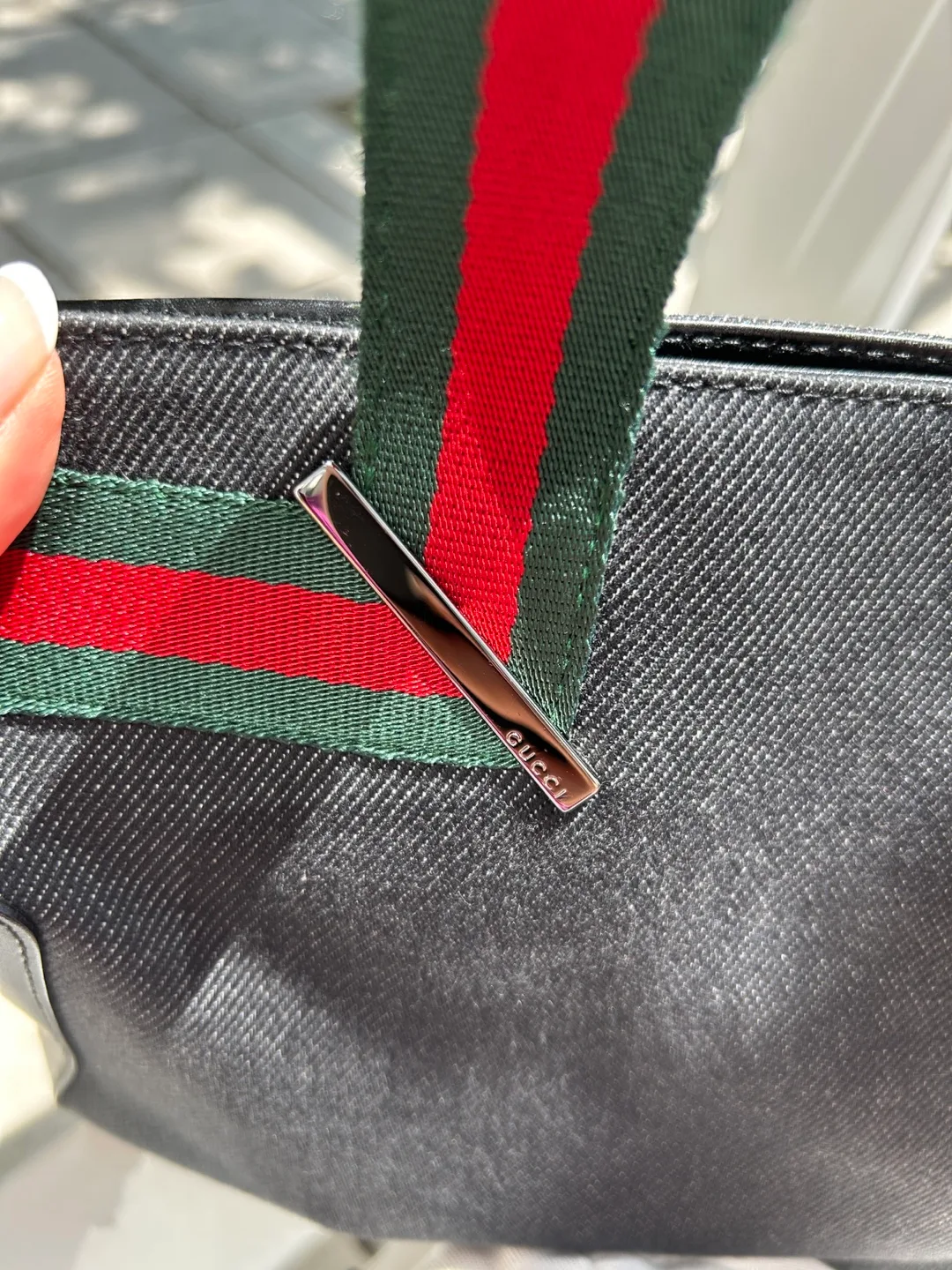 Authentic Gucci Denim Web Tote Bag - Black with Striped Handle image indicator(3)