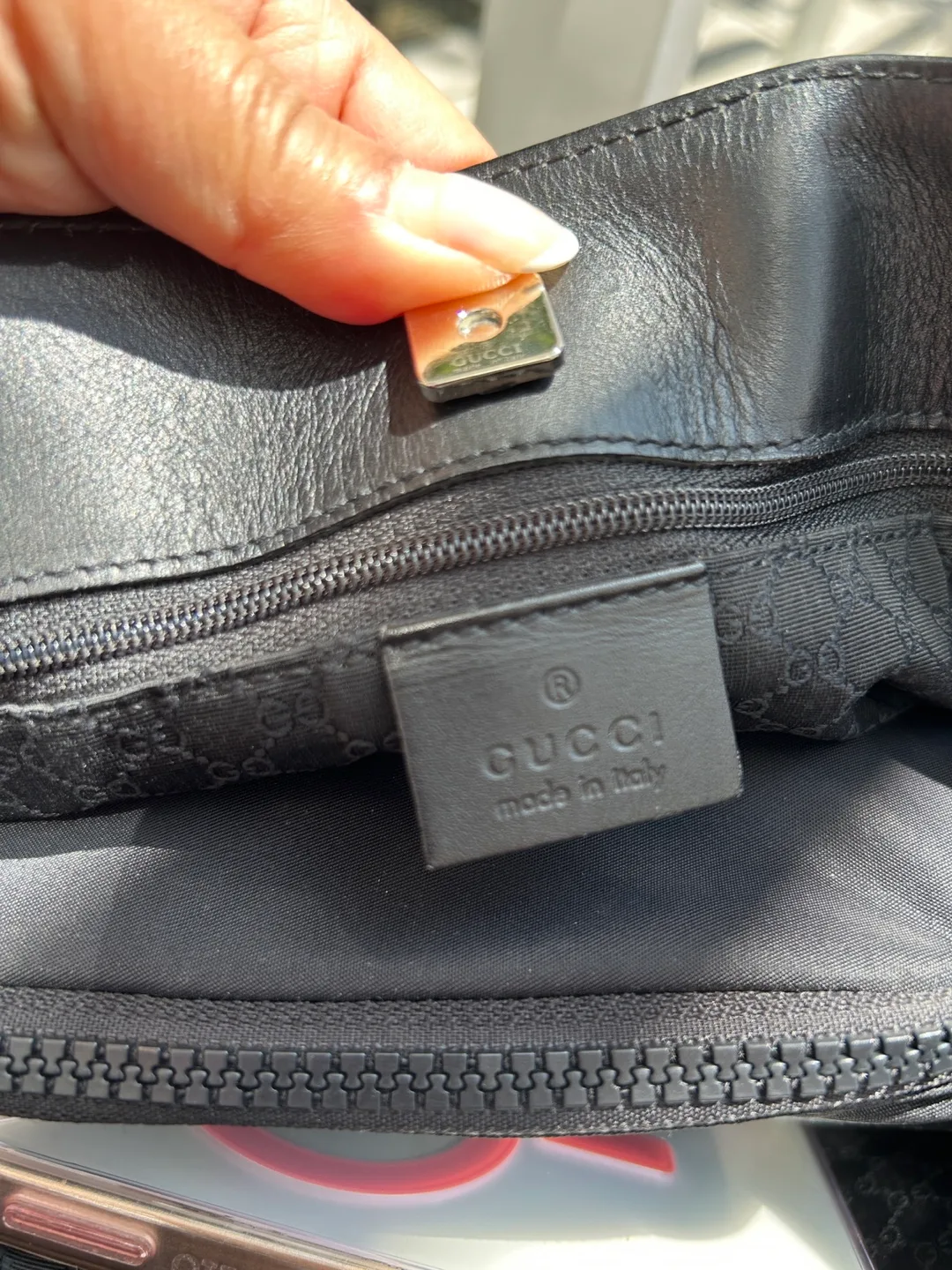 Authentic Gucci Denim Web Tote Bag - Black with Striped Handle image indicator(4)