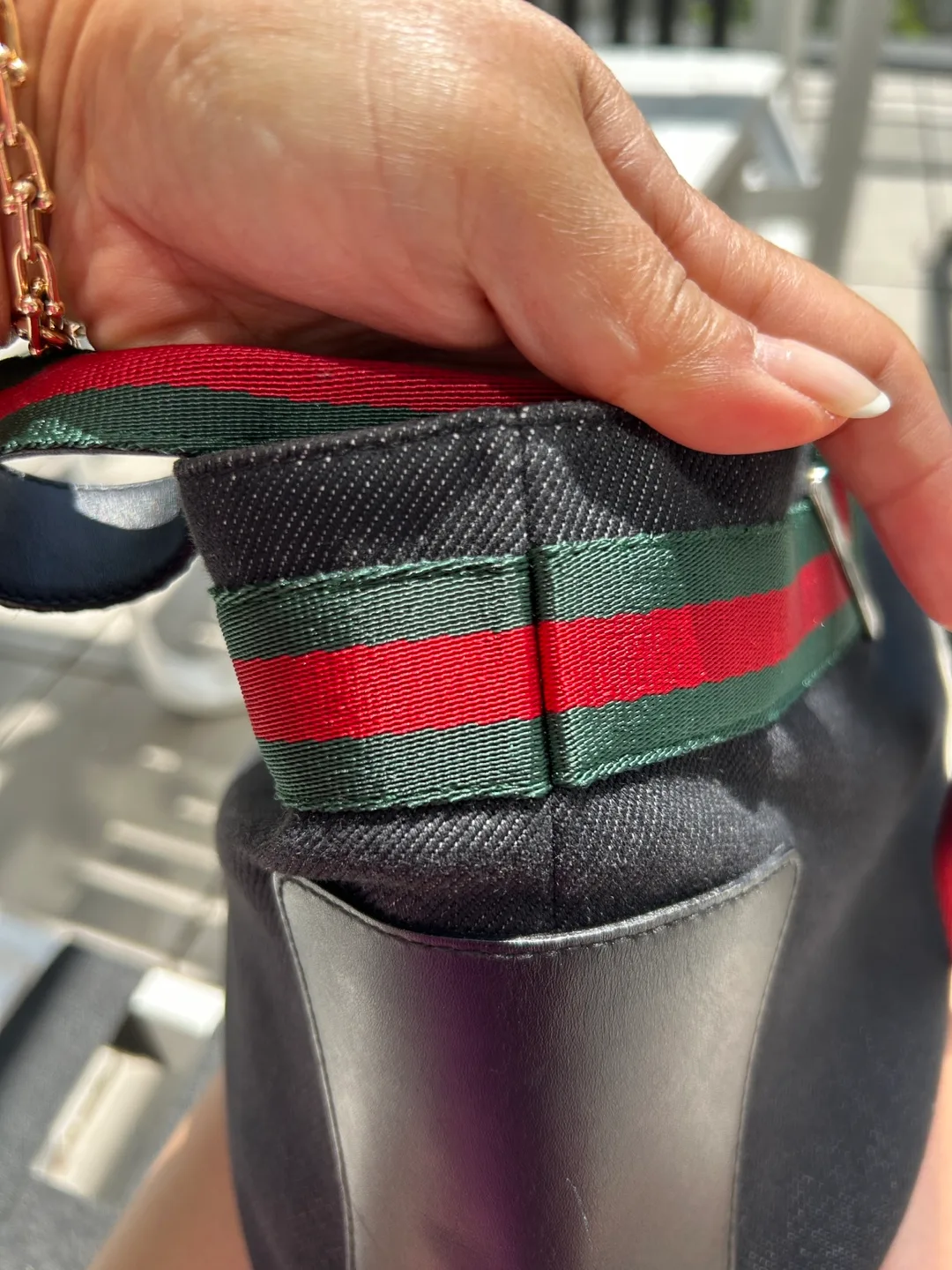 Authentic Gucci Denim Web Tote Bag - Black with Striped Handle image indicator(7)