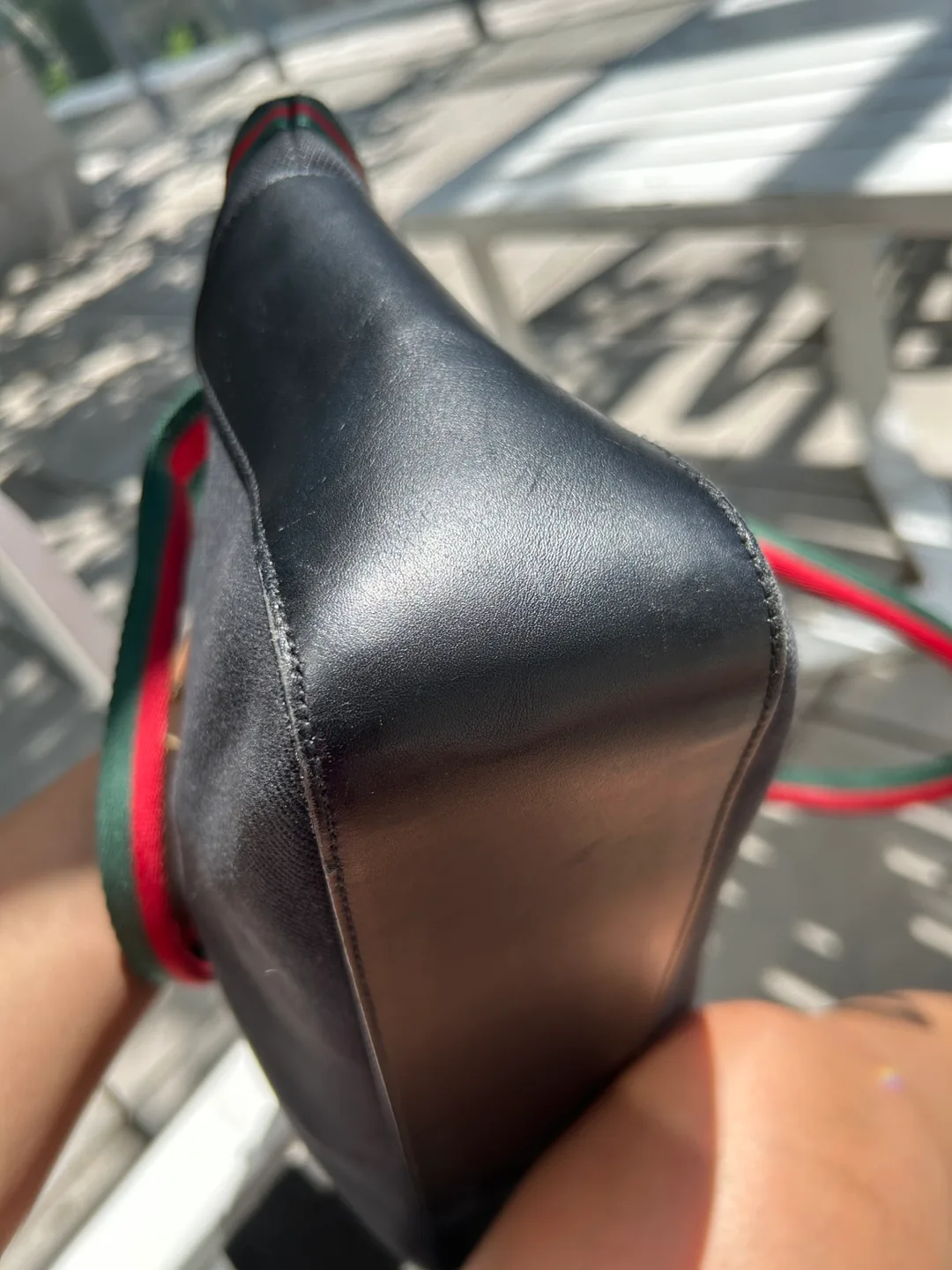 Authentic Gucci Denim Web Tote Bag - Black with Striped Handle image indicator(6)