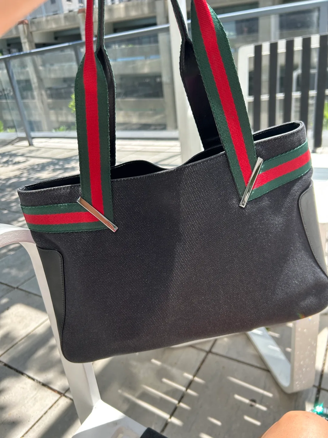 Authentic Gucci Denim Web Tote Bag - Black with Striped Handle image indicator(2)
