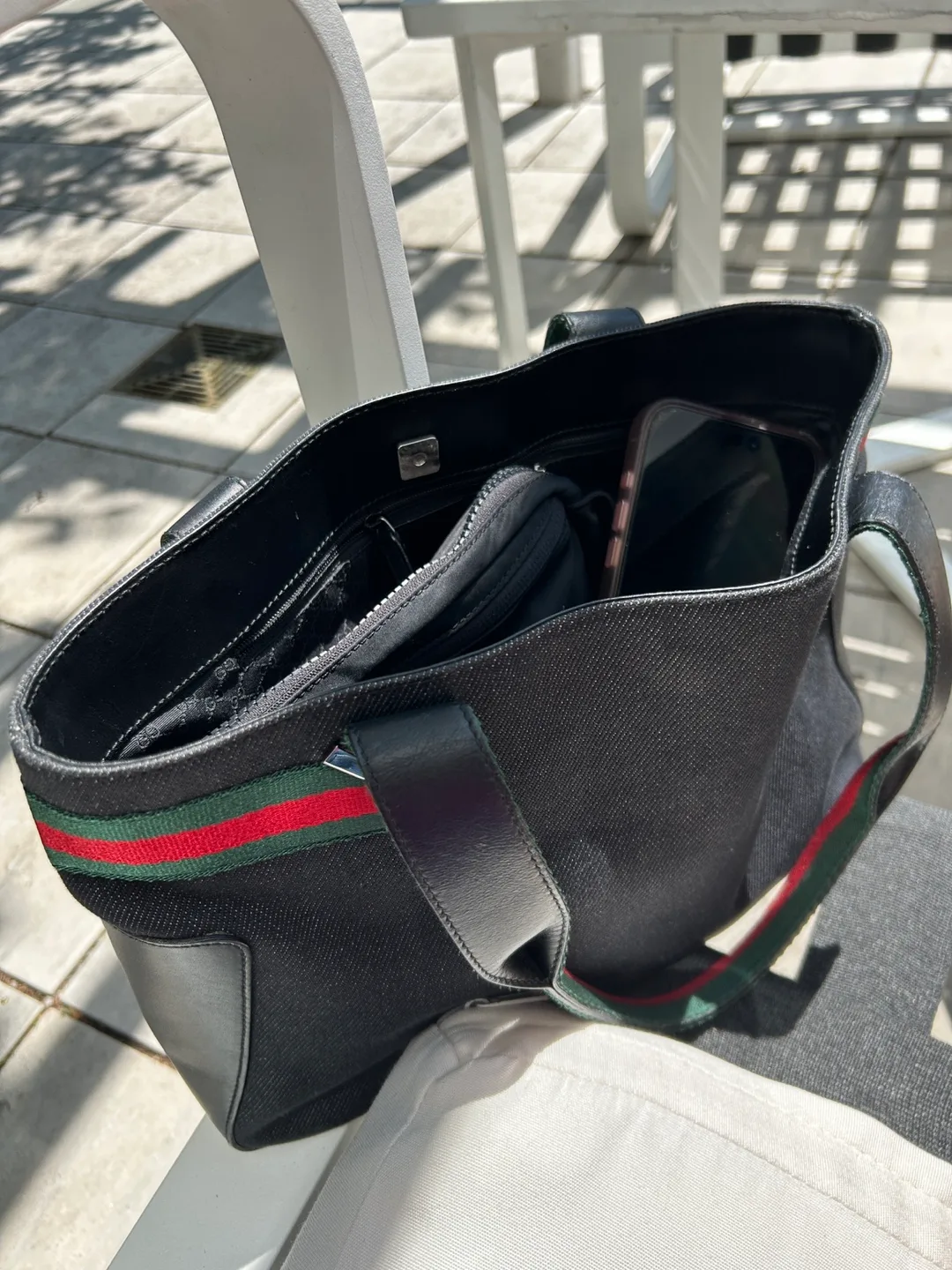 Authentic Gucci Denim Web Tote Bag - Black with Striped Handle image indicator(8)