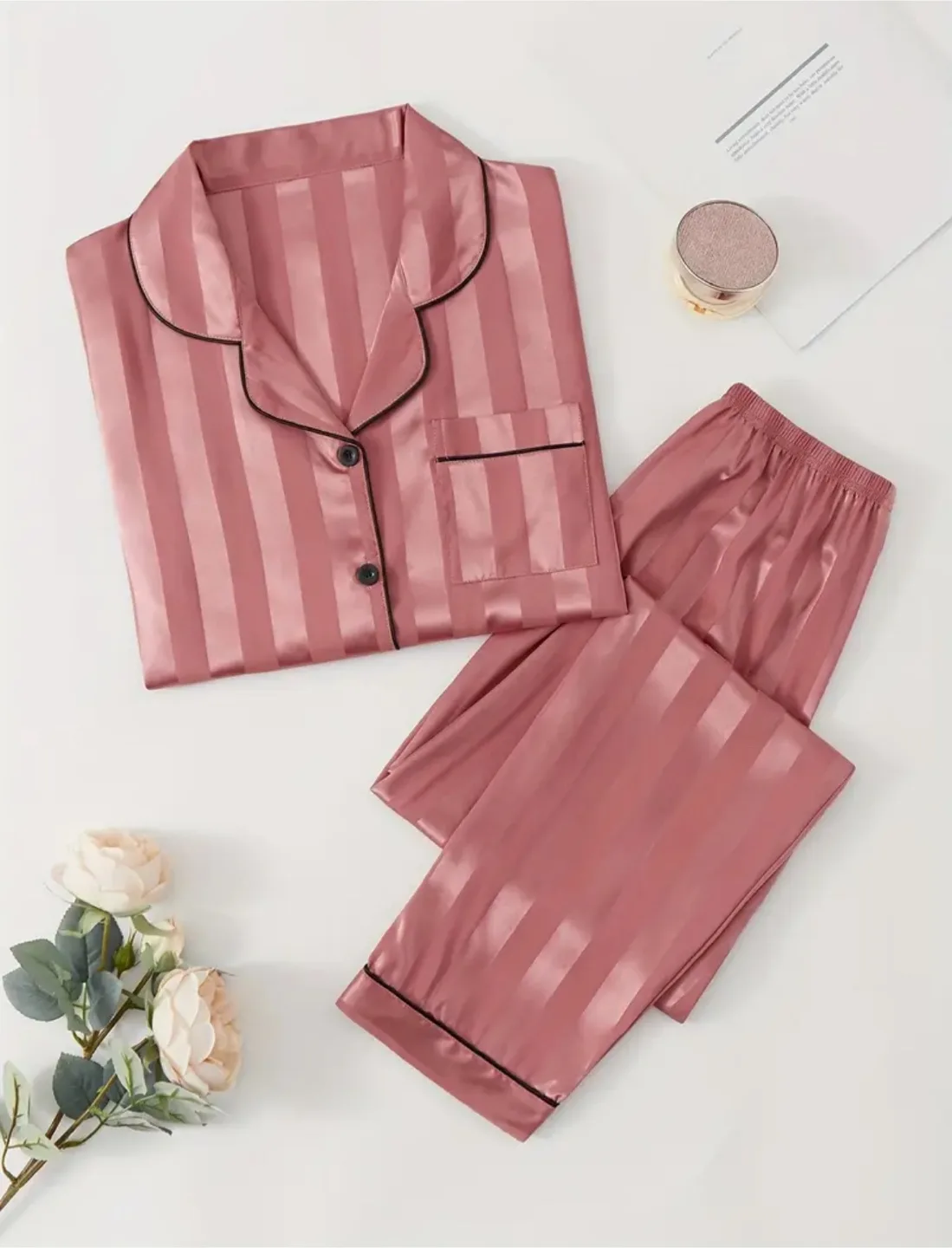 Striped Satin Pajama Set - Pink thumbnail