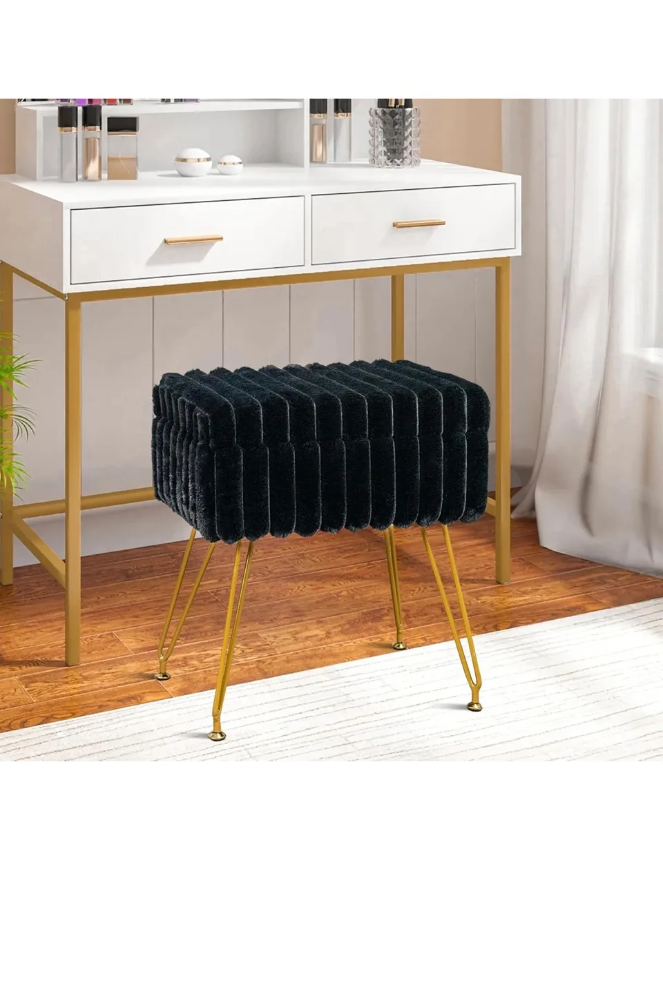 Black Velvet Ottoman Vanity Stool thumbnail
