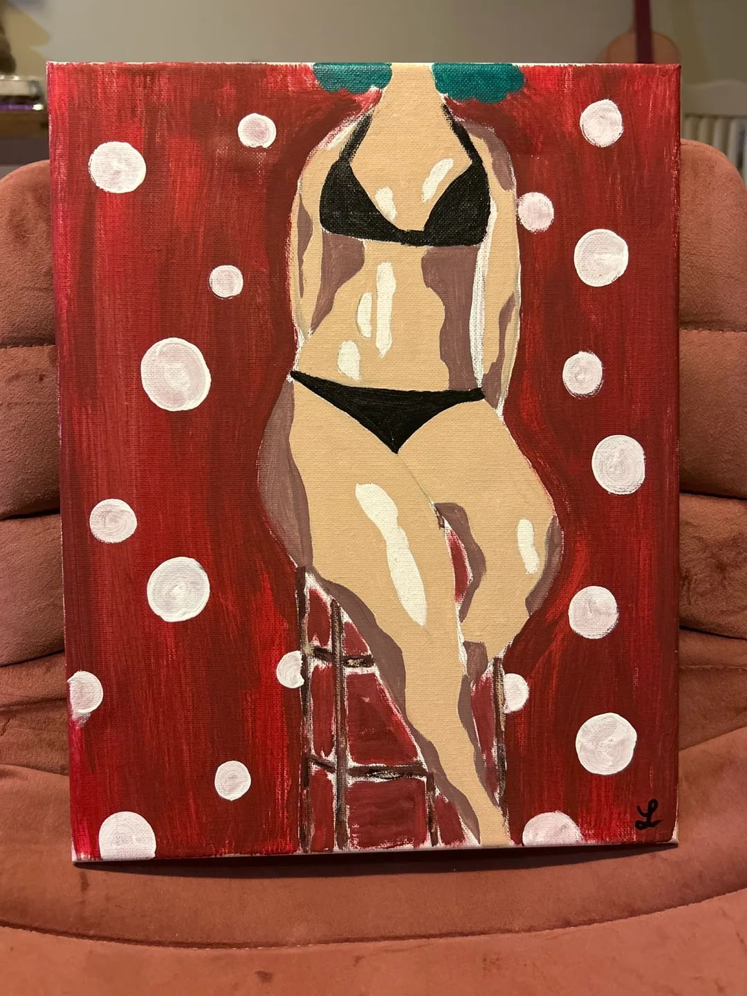 Bikini wear on stool- Art 11x14 acrylic on canvas thumbnail