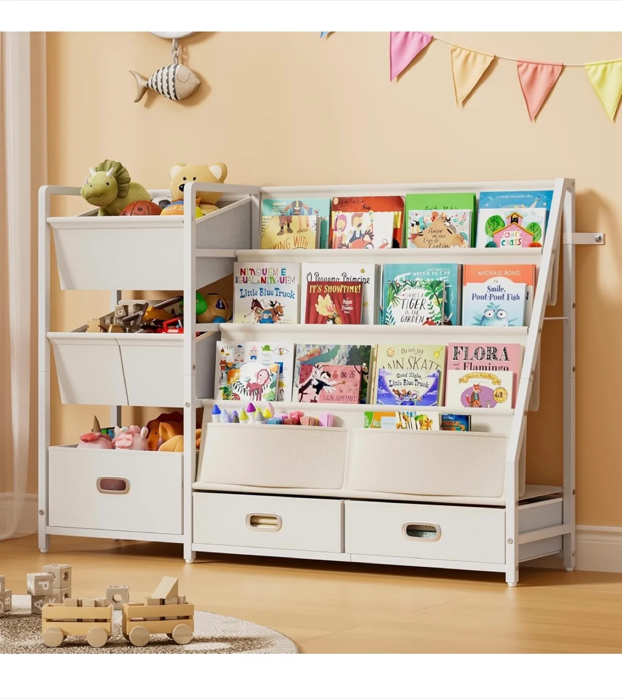 Kids Front-Facing Bookshelf with Storage Bins