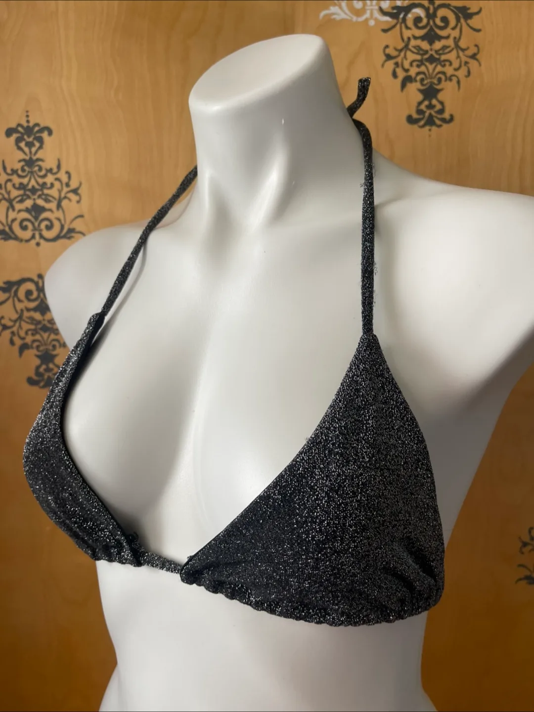 NWT Vintage 2000s Y2K Black Glitter String Bikini Top M/L image indicator(5)