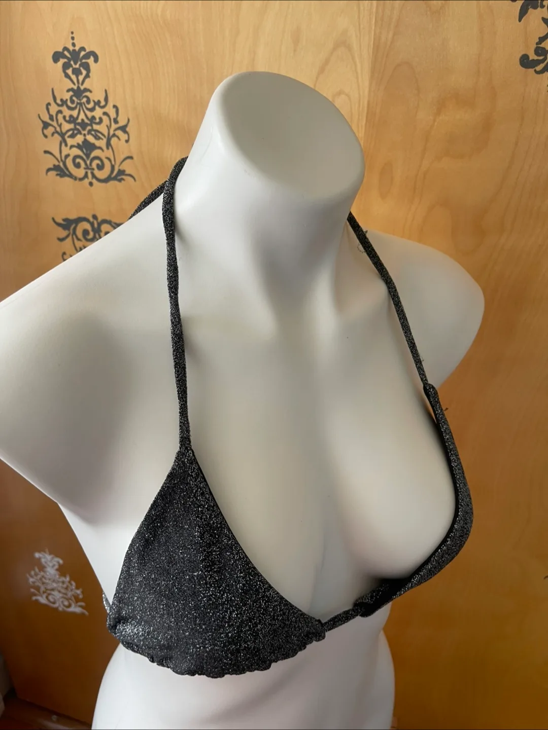 NWT Vintage 2000s Y2K Black Glitter String Bikini Top M/L image indicator(7)