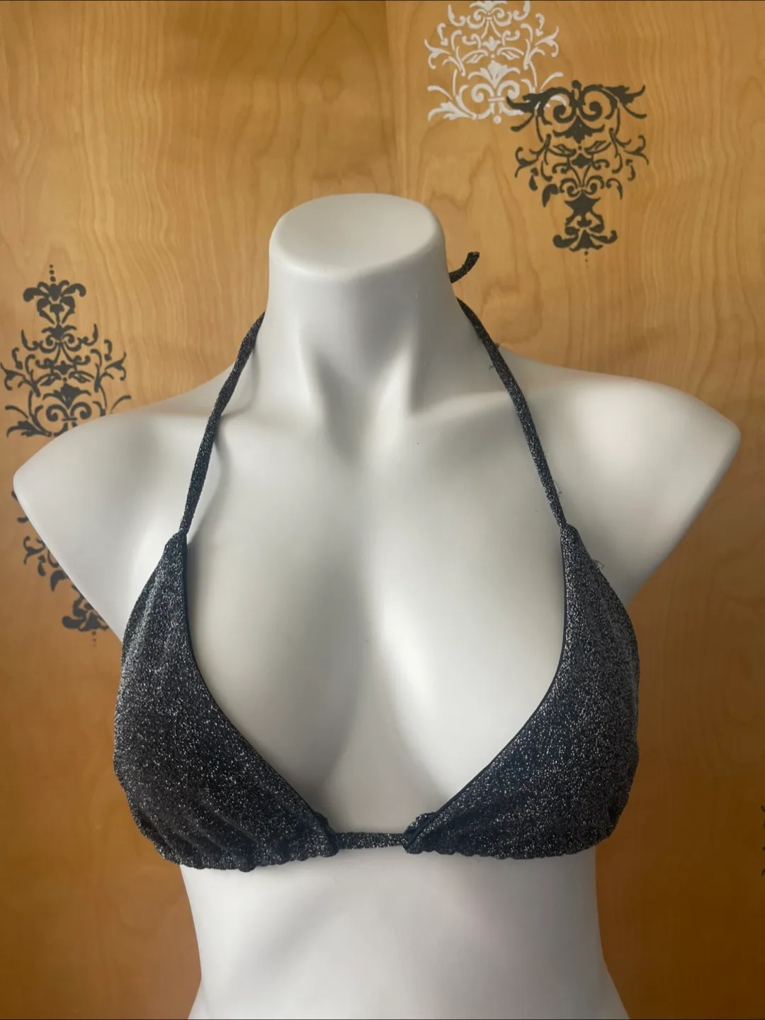 NWT Vintage 2000s Y2K Black Glitter String Bikini Top M/L thumbnail