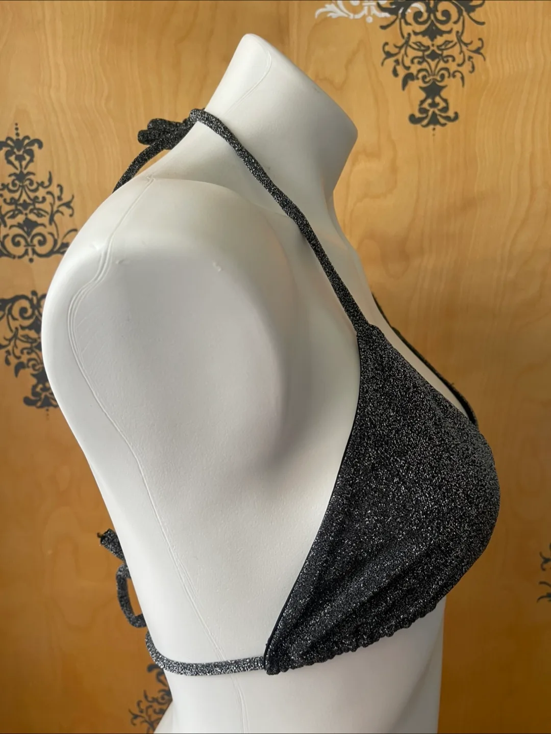 NWT Vintage 2000s Y2K Black Glitter String Bikini Top M/L image indicator(3)