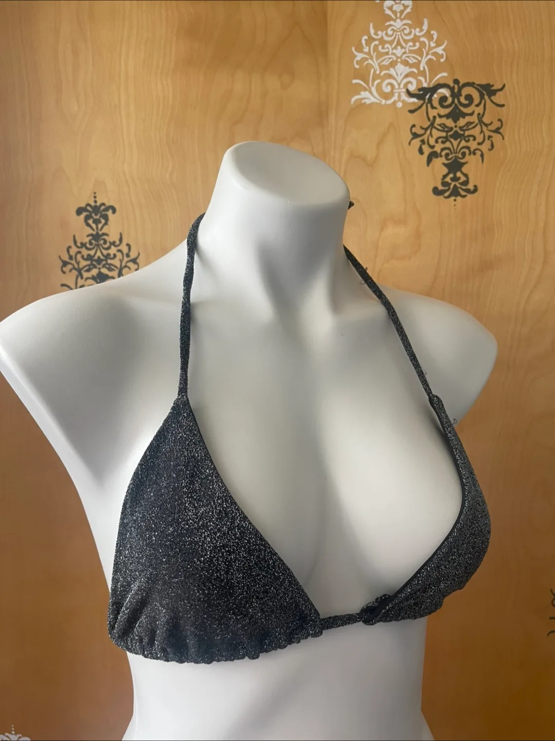 NWT Vintage 2000s Y2K Black Glitter String Bikini Top M/L image indicator(2)