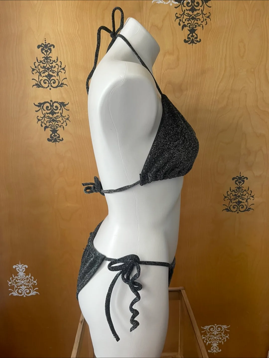 NWT Vintage 2000s Y2K Sparkly Black Bikini L/XL image indicator(9)