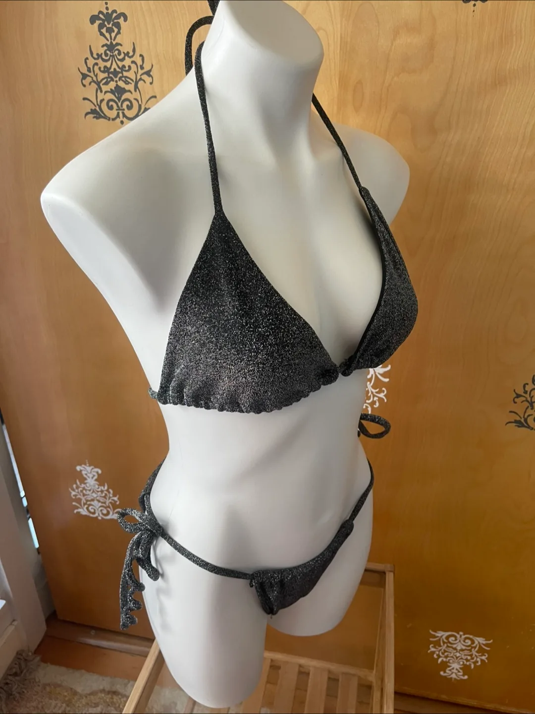 NWT Vintage 2000s Y2K Sparkly Black Bikini L/XL image indicator(10)