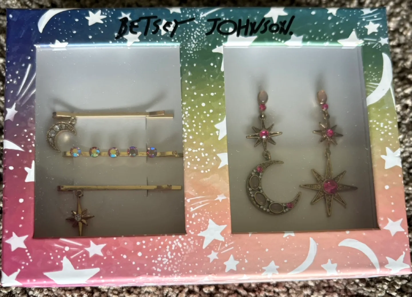Betsey Johnson Star Moon Earrings Hair Pins Gift Set New image indicator(2)