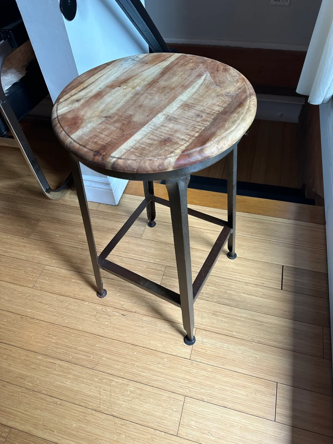 VINTAGE INDUSTRIAL FACTORY BAR STOOL RECLAIMED WOOD STEEL thumbnail
